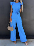 Summer Fashion Waist Lace-up Party Wide Leg Pant Women Elegant Solid Ruffle Sleeve Jumpsuit Casual Office O Neck Romper Overalls