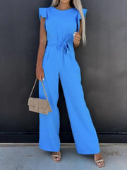 Summer Fashion Waist Lace-up Party Wide Leg Pant Women Elegant Solid Ruffle Sleeve Jumpsuit Casual Office O Neck Romper Overalls