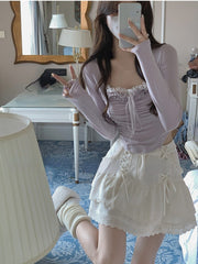 Spring Basic Lace Y2k Crop Tops Woman Slim Pure Color Korean T-shirt Office Lady Casual Fashion Clothing Female Design