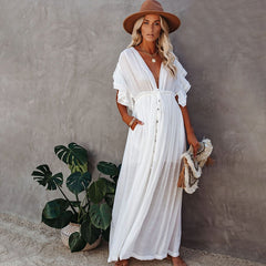 Sexy Bikini Cover-ups Long White Tunic Casual Summer Beach Dress Elegant Women Clothes Beach Wear Swim Suit Cover Up Q1208