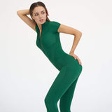 Short Sleeve Playsuit Women Overalls Spring Striped Zipper Sporty Rompers Ladies Casual Bodycon Playsuits