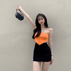 Pbong Sweet wrapped chest female high waist thin hot girl irregular autumn Base tank tops cotton sexy korean women 9FQ6