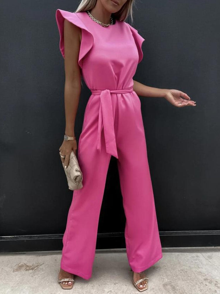 Summer Fashion Waist Lace-up Party Wide Leg Pant Women Elegant Solid Ruffle Sleeve Jumpsuit Casual Office O Neck Romper Overalls