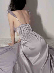 Spring Sexy Silk Strap Dress Women French Elegant Party Fairy Dress Backless Lace Long Dresses Women Court Vintage Korean