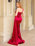 One Shoulder Padded Sexy Satin Maxi Dress Women&#39;s Evening Party Dress Gown with Ribbon Royal Blue Green Draped Long Dress