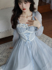 Summer French Elegant Lace Midi Dress Woman Long Slevee Korean Fashion Dress Casual Party Pure Color Vintage Dress Female