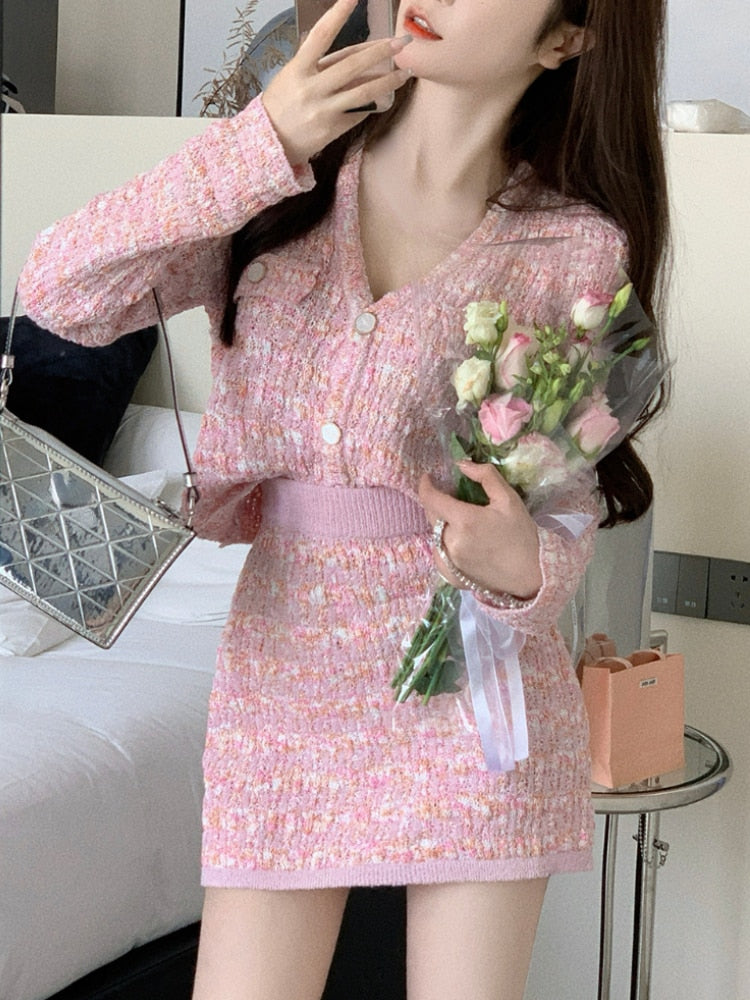 Two Piece Dress Set Sweet Cardigan Sweater + Slim Skirt Pink Elegant Y2k Mini Dress Autumn Office Lady Casual Knitted Suits