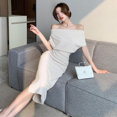 French Temperament Celebrity Wind Sexy Strapless Oblique Collar Dress Female Spring and Summer Slim Open Package Hip Long Dress