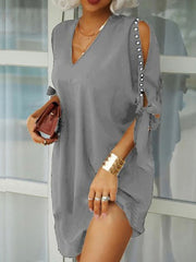 Women Elegant V Neck Party Dress Summer Sexy Hollow Out Sleeved Loose Dresses Casual Solid Office Ladies Mini Dress Size S-5XL