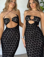 Dresses Women Maxi Dress Solid Color Hanging Neck Sexy Hollow Perspective Bag Hips Robe Female street Trendy Clothing