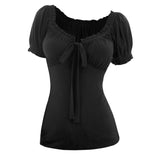 Daily Cute Short Sleeve Solid Color T-shirt Ruffles Bowknot Ruched Empire Waist Scoop Neck Y2K Tops For Girl