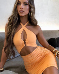 Sexy Hollow Out Skinny Halter Mini Dress Womens Clothing Summer Casual Slim Folds Streetwear Solid Backless Lady Dresses
