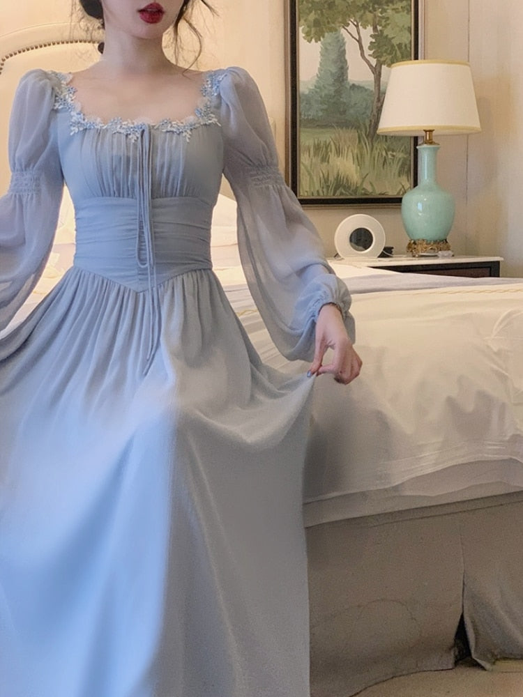 French Elegant Lace Midi Dress Even Party Woman Summer Office Lady Fairy Long Sleeve Dress Chiffon Casual Fashion Dress