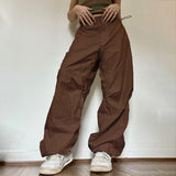 Women Casual Joggers Tech Pants Vintage Solid Low Waist Drawstring Baggy Trousers Y2K Wide Leg Sweatpants Streetwear Cargo Pants