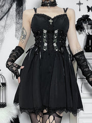 Gothic Sexy Black V Neck Lace Up Dress Y2K Aesthetic Grunge Punk High Waist Lace Trim Corset Dresses Ladies Party Dress