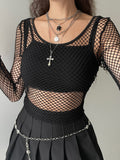 Streetwear Off Shoulder Fishnet Top Cropped Casual Sexy Summer T-shirts Women Gothic Clothes Hollow Out Tee Clothing