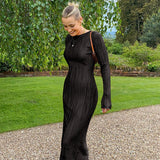 Elegant Bodycon Dress for Women Solid O Neck Flare Sleeves Long Summer Dresses Holiday Vestidos Black Red Orange