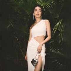 Black White Party Dress Elegant Sexy Asymmetrical Cut Out One Shoulder High Split Long Dresses for Women N71-CG28