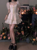White Women's Dress Short Skirt French Vintage Long Short Sleeve Summer Ladies Chic Design Ruffle Skirt Halterneck Dresses