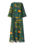 Women Summer Dress Bohemian Printed O-neck Vestidos Kaftan Robe Longue 3/4 Sleeves Casual Loose Party Maxi Dresses