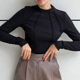 Women Ruched Long Sleeve T-Shirts Spring Autumn Turtleneck Slim Fit Casual Pullovers Female Streetwear Base Tees Tops