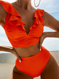 Women New Solid Color Pleated Lace Bikini Two Piece Ruffle Backless Button Up Deep V Swimwear Sexy High Waist Push Up Swimsuit