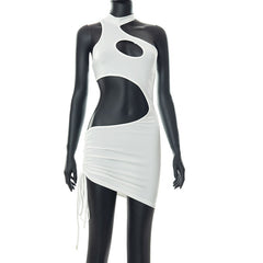 Dress Women Sexy Cutout Sleeveless Diagonal Neck Dress Summer New Female Solid Color Midnight Glamorous Party Dress