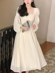 French Vintage Midi Dress Women Long Sleeve Pure Color Elegant Chiffon Dress Office Lady Lace One Piece Dress Korean  Spring