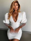 Articat Sexy Puff Crystal Diamond Sleeve Bodycon Dress Women Elegant Backless Mini Dress High Street Black Deep V-neck Vestidos