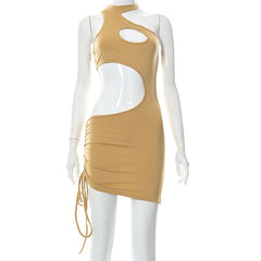Dress Women Sexy Cutout Sleeveless Diagonal Neck Dress Summer New Female Solid Color Midnight Glamorous Party Dress
