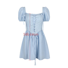 Summer Blue Puff Sleeve Corset Dress Mini Elegant A Line Lace Up Holiday Party Dress Square Neck Women Dress