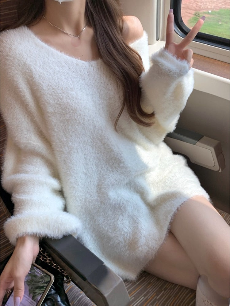 Pure Color V-Neck Knitted Sweater Women Long Sleeve Sweet Elegant White Pullover Female Korean Style Y2k Clothing Autumn