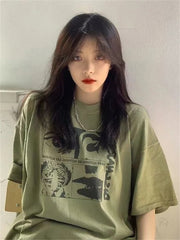 Y2K Grunge Graphic T-shirt Green Top Korean Fashion Harajuku Oversized Women Tees 90s Vintage Streetwear Aesthetic T Shirt
