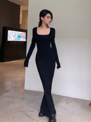 Y2K Sexy Black Dress Women Vintage Wrap Slim Bodycon Long Dresses Party Evening Square Collar Fashion Spring Outfits