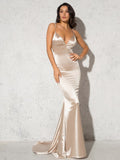 Deep V Neck Black Satin Maxi Dress Long Mermaid Bodycon Floor Length Open Back Stretch Cut Out Party Dress