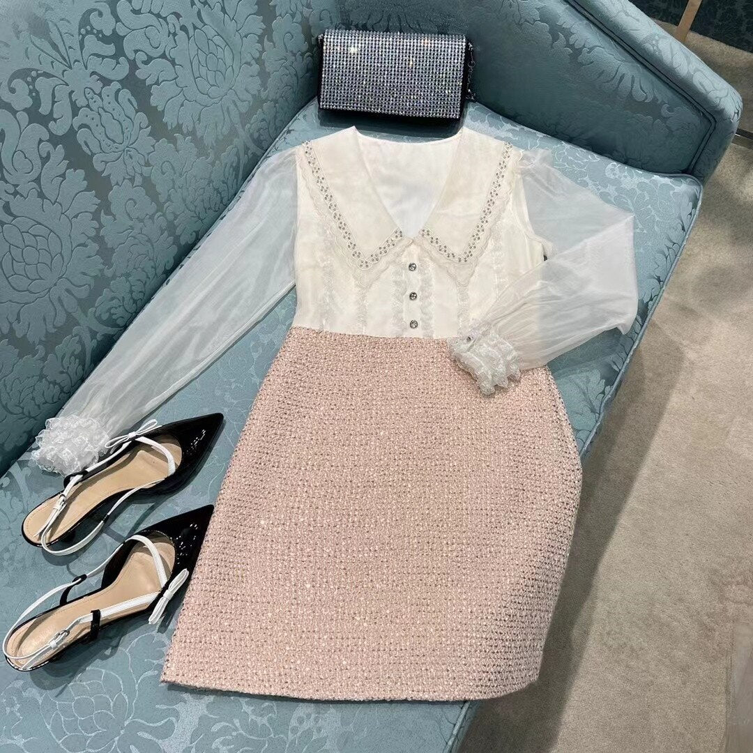Pbong   mid size graduation outfit romantic style teen swag clean girl ideas 90s latina aestheticWomen's Fashion Brand Shirt Dress Luxury Rhinestone Lapel Design Long-sleeved Dresses Original High Quality Famous Women Skirt