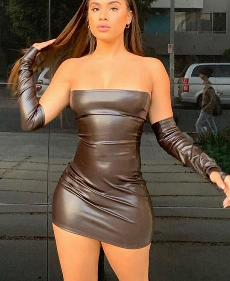 Y2K Leather With Gloves Party Dress Women's Backless Sexy Low Cut Clubwear Skinny Black Bodycon Mini Dresses Female