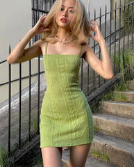 Summer Fashion Elegant Strap Mini Dress Women Solid Green Knit Casual Streetwear Stretch Slim Office Female Dresses