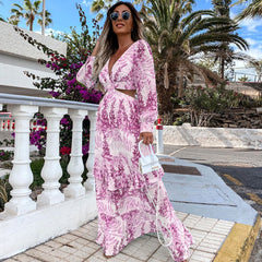 Sexy V-Neck Backless Hollow Out Dress Autumn Women Lantern Sleeve Club Party Long Maxi Dresses Tunic Beach Cover Up Pbong mid size graduation outfit romantic style teen swag clean girl id