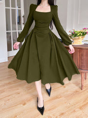 Folds Puff Sleeve Corsets Women Midi Dress Sexy Elegant Bodycon Autumn Elegant Party Casual Lady Long Dress Streetwear