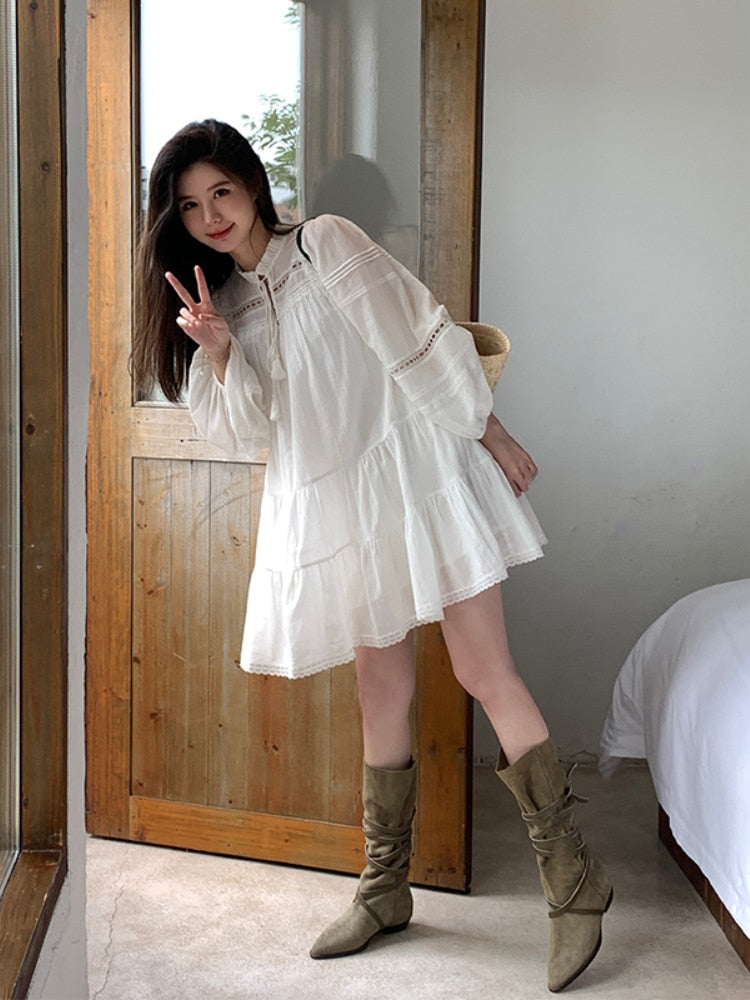 White Elegant Lace Mini Dress Casual Party Autumn Long Sleeve Korean Fashion Dress Woman Design Loose Fairy Dress Female
