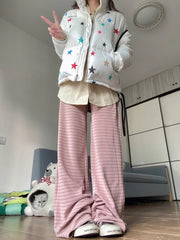 Korean Fashion Pink Pants Women Harajuku Sweet Striped Wide Leg Trousers Female Oversized Girly Basic Pantalones Summer