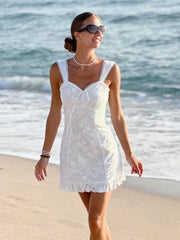New Women's Dress Sexy A Line White Lace Embroidery Dress Mini Ruffle Summer Holiday Party Dress High Quality