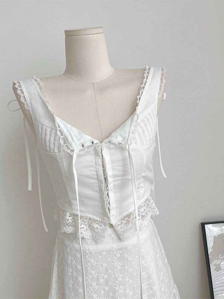 Women Vintage 2 Pieces Sets Outfit Lace Patchwork Tie Up Bow Design Slim Crop Suspender Vest+A-line High Waist Pleated Skirts