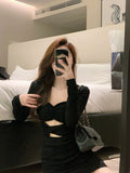Black Bodycon Dress Women Autumn Long Sleeve Short Party Dress Office Lady Pure Color Elegant Vintage Y2k Mini Dress Korean