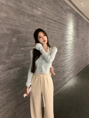 Pure Color Fake Two Pullover Korean Style Y2k Crop Tops Woman Slim Causal Long Sleeve Knitted Sweater Clothing Spring Chic