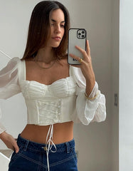 Solid White Bandage Long Sleeve Square Collar T-Shirt Women Autumn Fashion Backless Skinny Crop Top Wild Lady Casualwear