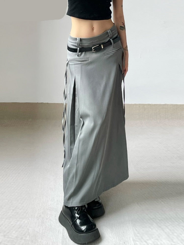 Safari Style Tassel A-Line Skirt With Sashes Casual Streetwear Pockets Low-Waisted Maxi Skirts Women Autumn Winter