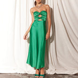 Elegant Strapless Slim Satin Party Dress Summer Off Shoulder Hollow Long Dress Fashion Solid Color Backless Chic Evening Dresses