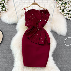 Pbong mid size graduation outfit romantic style teen swag clean girl ideas 90s latina aesthetic Fashion Party Dresses For Women  Sleeveless Beaded Pleated Ruffles Strapless Sexy Bodycon White Dress Luxury Elegant Dress